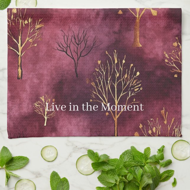 Burgundy Gold Trees Kitchen Towel (Folded)