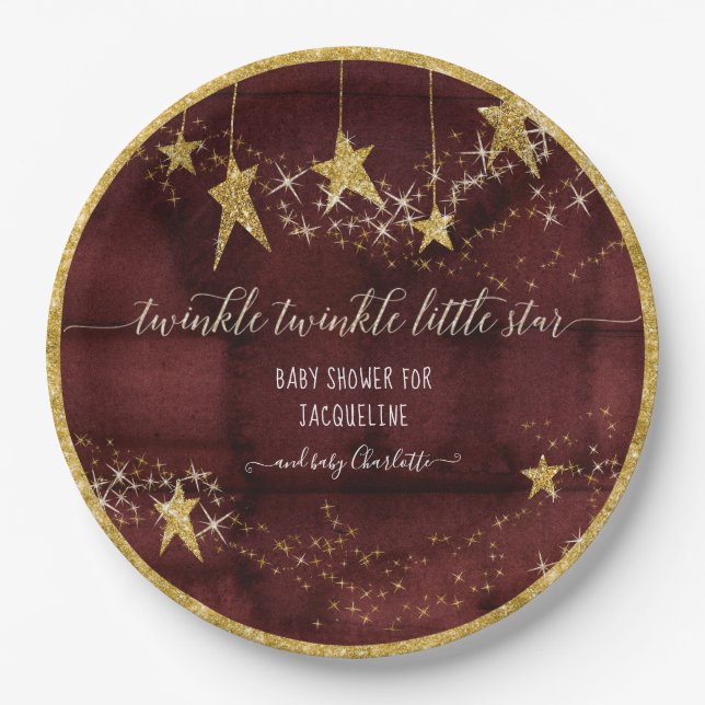 Burgundy Gold Twinkle Little Star Girl Baby Shower Paper Plates (Front)