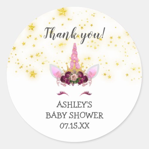 Burgundy Gold Unicorn face thank you favor Classic Round Sticker