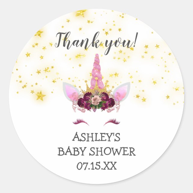 Burgundy Gold Unicorn face thank you favor Classic Round Sticker (Front)