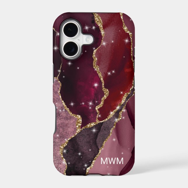 Burgundy Gold Veins Agate Monogram Case-Mate iPhone Case (Back)