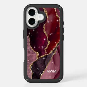 Burgundy Gold Veins Agate Monogram iPhone 16 Case
