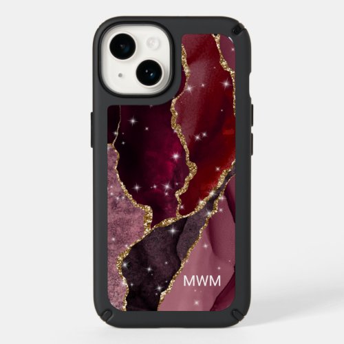 Burgundy Gold Veins Agate Monogram Speck iPhone 14 Case