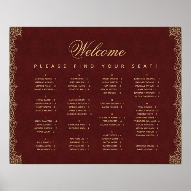 Burgundy Gold Vintage Alphabetical Seating Chart  (Front)