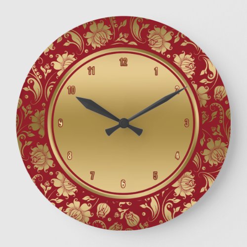 Burgundy  Gold Vintage Damasks Pattern Large Clock
