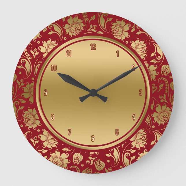 Burgundy & Gold Vintage Damasks Pattern Large Clock (Front)