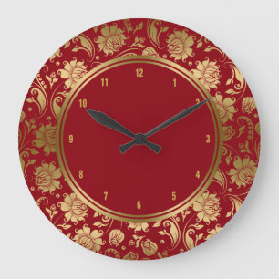 Burgundy & Gold Vintage Floral Damasks Large Clock