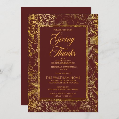 Burgundy Gold Vintage Floral Thanksgiving Dinner Invitation