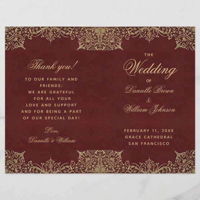 Burgundy Gold Vintage Red Folded Wedding Program (Front)