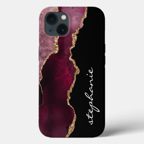 Burgundy Gold Watercolor Agate Personalized iPhone 13 Case