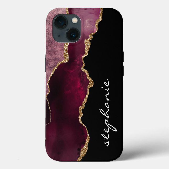 Burgundy Gold Watercolor Agate Personalized Case-Mate iPhone Case (Back)