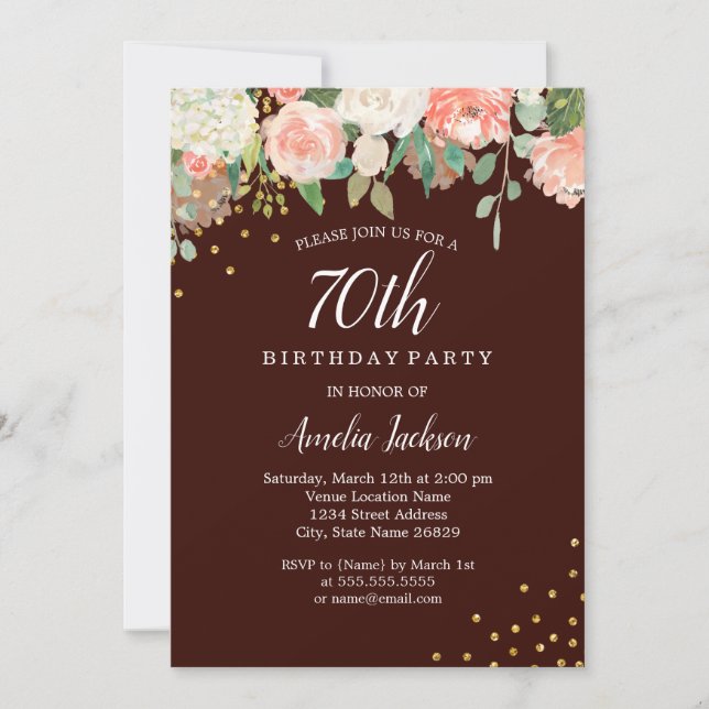 Burgundy Gold Watercolor Floral 70th Birthday Invitation (Front)