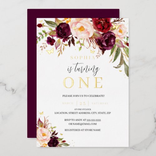 Burgundy Gold Watercolor Floral Girl 1st Birthday Foil Invitation