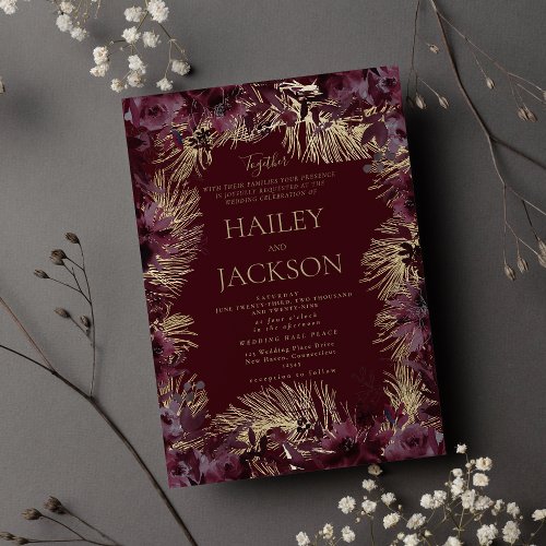 Burgundy gold watercolor floral luxury wedding invitation