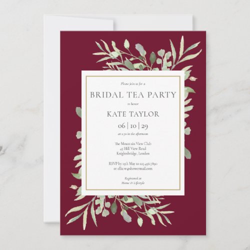 Burgundy Gold Watercolor Greenery Bridal Tea Party Invitation