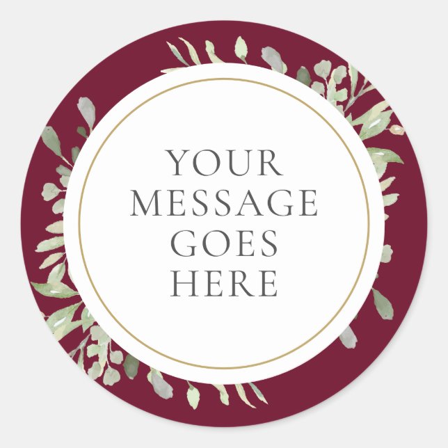Burgundy Gold Watercolor Greenery Wedding Classic Round Sticker (Front)