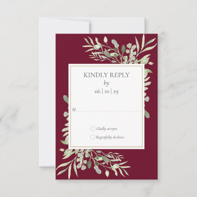Burgundy Gold Watercolor Greenery Wedding RSVP Card (Front)
