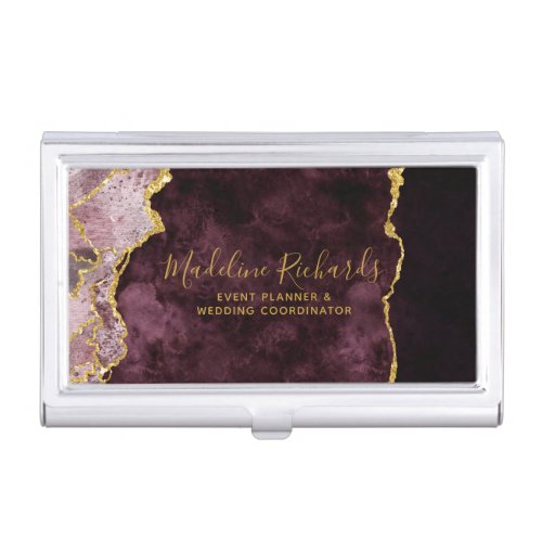 Burgundy  Gold Watercolor Marble Agate Gilded Business Card Case