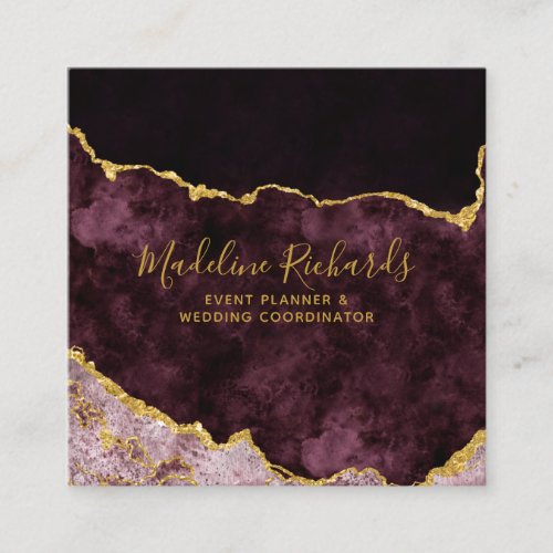 Burgundy  Gold Watercolor Marble Agate Gilded Square Business Card