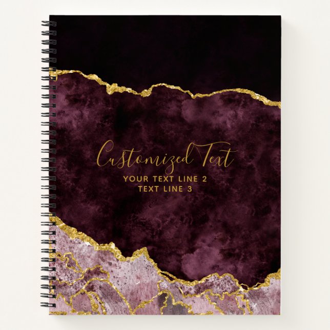 Burgundy & Gold Watercolor Marble Agate Gilt Notebook (Front)