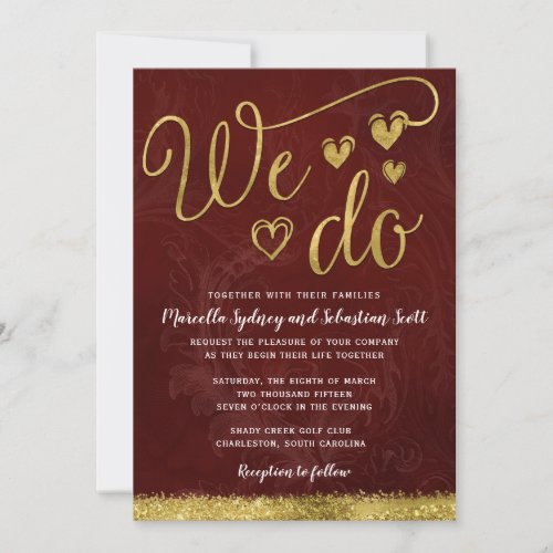 Burgundy  Gold Watercolor Modern Wedding Invitation