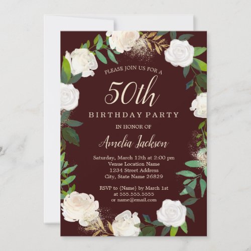 Burgundy Gold Watercolor Wreath 50th Birthday Invitation