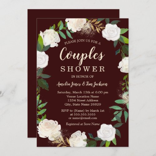 Burgundy Gold Watercolor Wreath Couples Shower Invitation