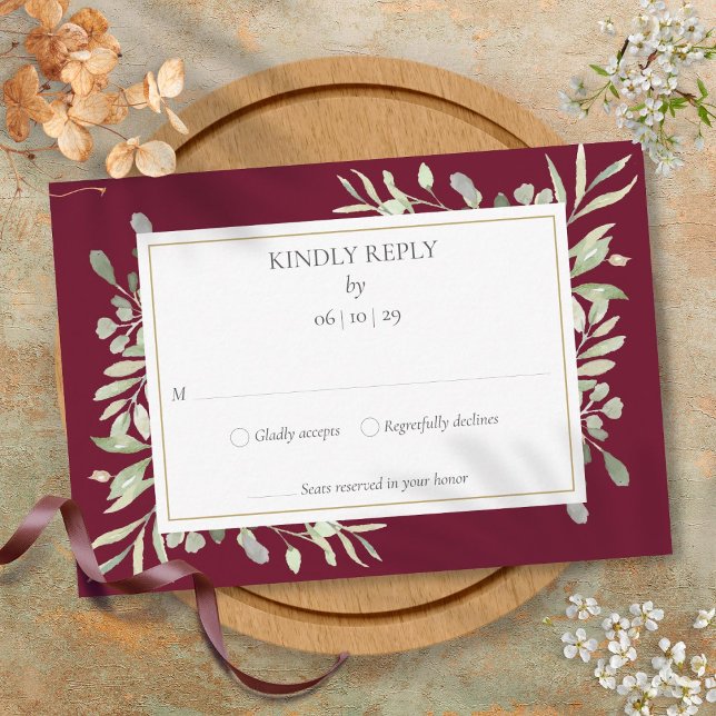 Burgundy Gold Watercolour Greenery RSVP Card (Burgundy Gold Watercolour Greenery RSVP Card)