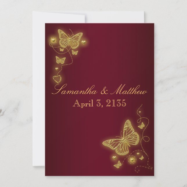 Burgundy gold wedding butterfly theme invitation (Front)