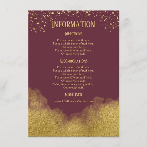 Burgundy Gold Wedding Information Details Enclosure Card