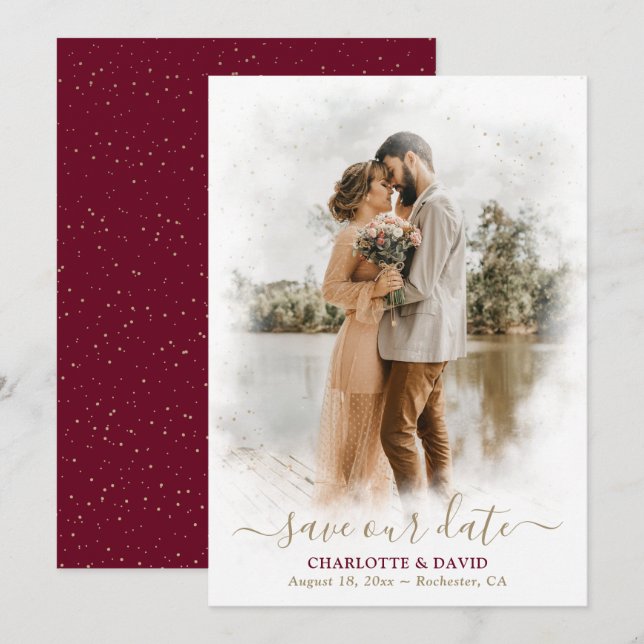 Burgundy Gold Wedding Photo Save Our Date Card (Front/Back)