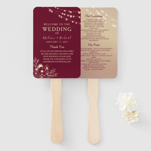 Burgundy Gold Wedding Program Fan (Front and Back)