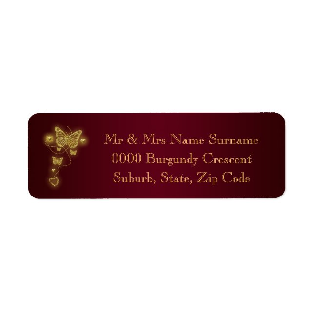 Burgundy gold wedding return address label (Front)