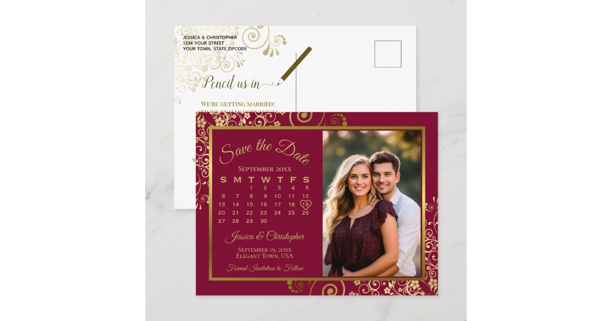 Burgundy Gold Wedding Save Date Calendar Photo Announcement Postcard