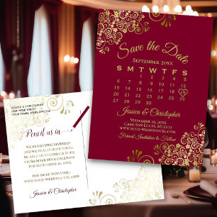 Burgundy & Gold Wedding Save the Date Calendar Announcement Postcard