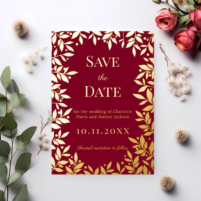 Burgundy gold wedding Save the Date foil card (Creator Uploaded)