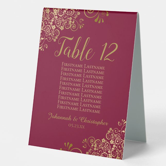 Burgundy & Gold Wedding Table Number Seating Chart Table Tent (Front)