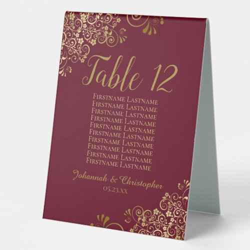 Burgundy  Gold Wedding Table Number Seating Chart Table Tent Sign