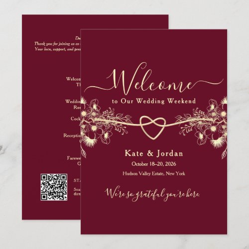 Burgundy Gold Wedding Welcome Letter  Invitation