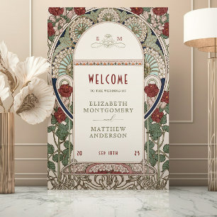 Burgundy Gold Welcome Sign Wedding Art Nouveau