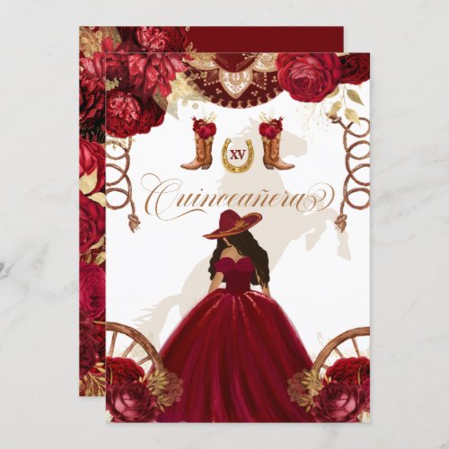 Burgundy Gold Western Charro 2_Sided Quinceanera I Invitation