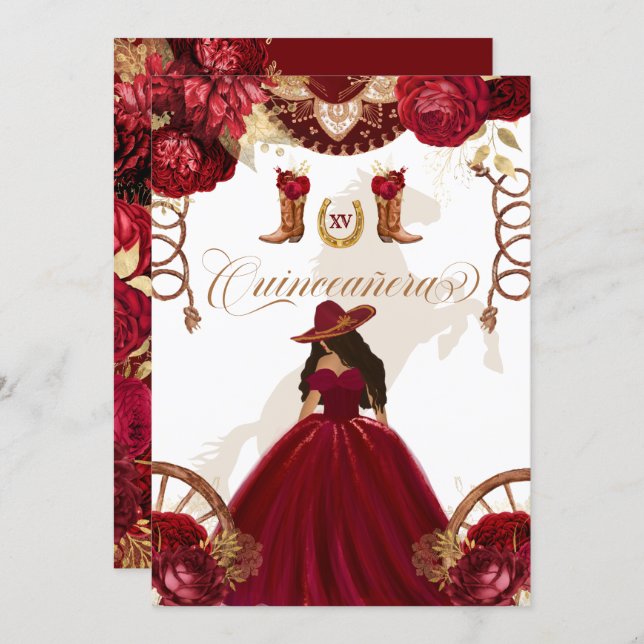 Burgundy Gold Western Charro 2-Sided Quinceanera I Invitation (Front/Back)