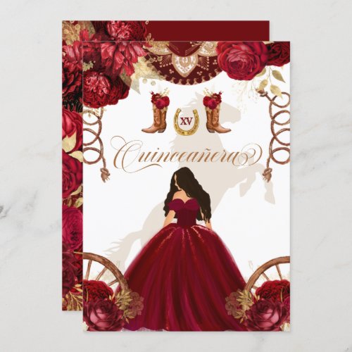 Burgundy Gold Western Charro 2_Sided Quinceanera Invitation