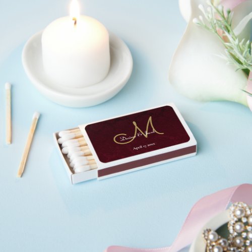 Burgundy Gold White Elegant Wedding Monogram Matchboxes