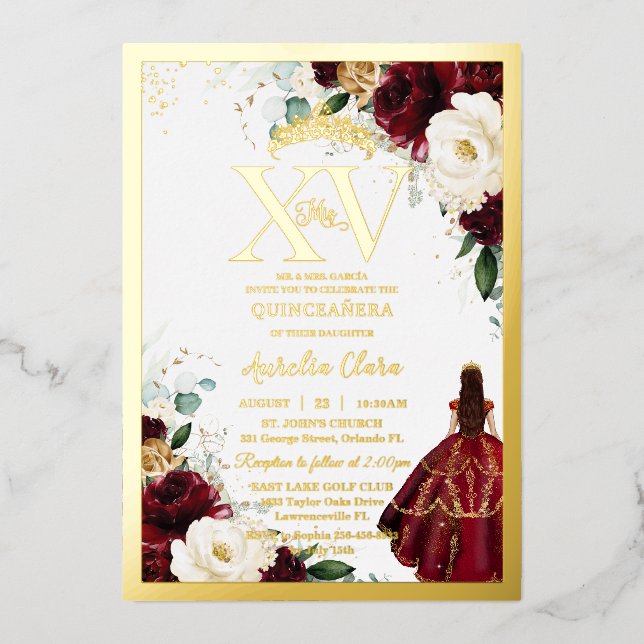 Burgundy Gold White Floral Quinceañera Quince 15 Foil Invitation (Front)