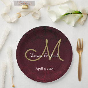 Burgundy Gold White Floral Wedding Monogram Paper Plates