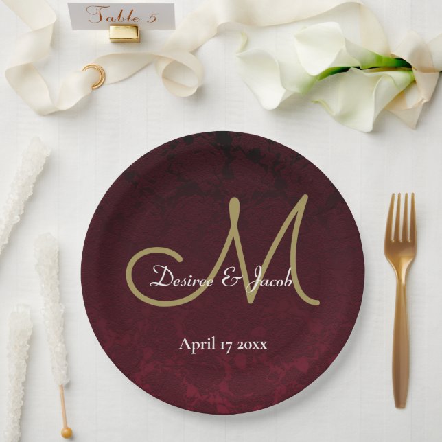 Burgundy Gold White Floral Wedding Monogram Paper Plates (Wedding)