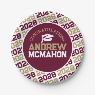Burgundy, Gold & White Graduation Personalized Paper Plates