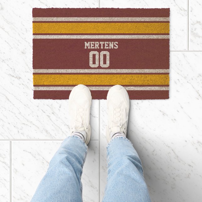 Burgundy Gold White Sports Striped Team Name Coir Fiber Doormat (Insitu)