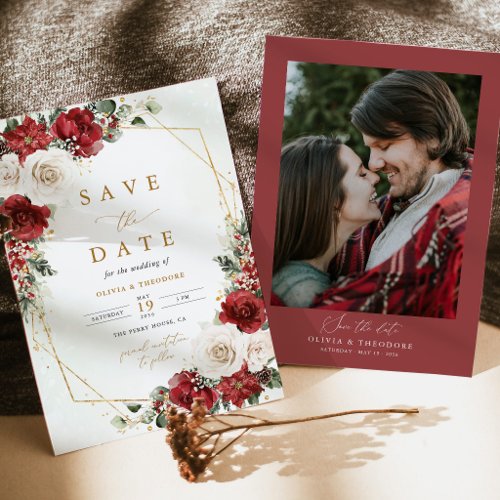 Burgundy Gold Winter Floral Photo Wedding Save The Date